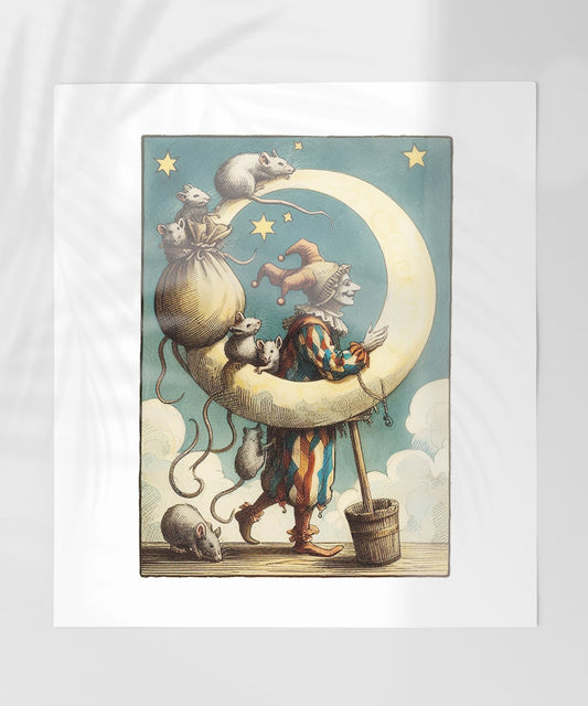 Vintage Clown Walking on Moon with Mice art print