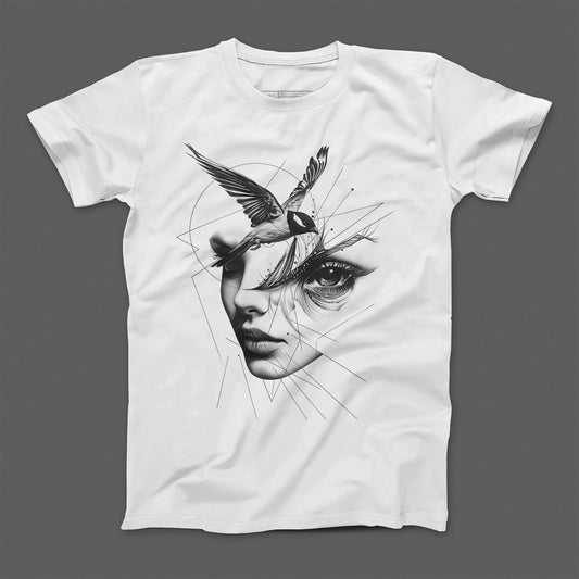 Abstract Artistic Female Face and Bird Design T-Shirt