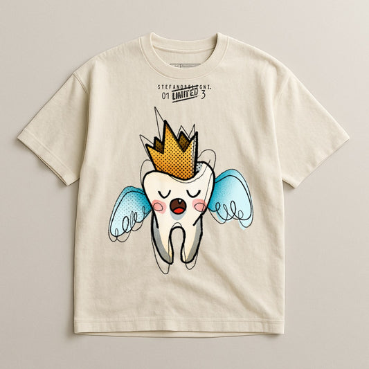 Cartoon Tooth with Crown Graphic T-Shirt Design