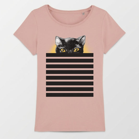 Pink t-shirt with black cat peeking over horizontal black stripes.