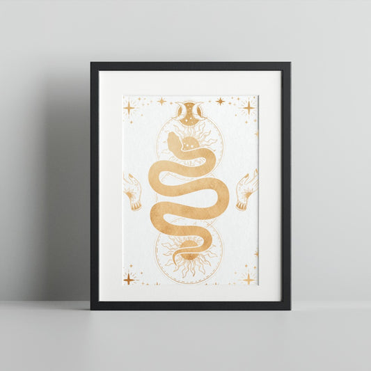 Mystical Golden Snake Art Print with Celestial Design