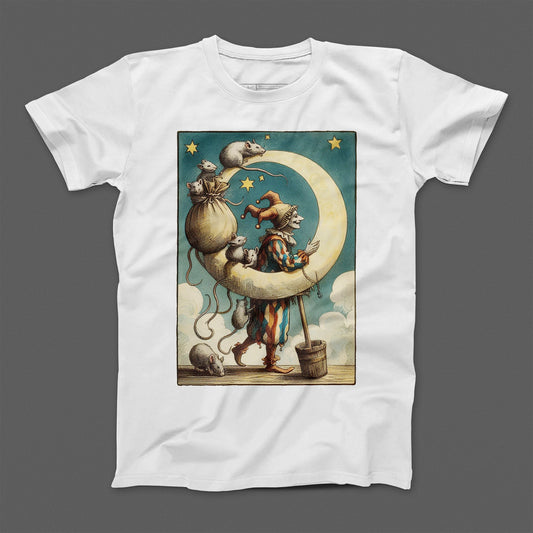 Whimsical Jester and Mice on Crescent Moon T-Shirt