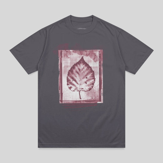 Slate gray t-shirt with a reddish-brown leaf print in a distressed frame.