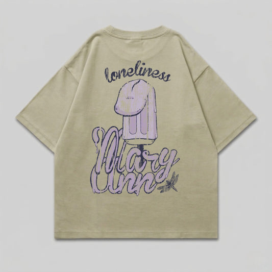 Tan t-shirt with "Loneliness" and cartoon ice pop graphic on back.