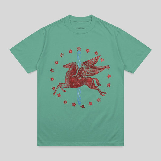 Teal t-shirt with a distressed red Pegasus and blue star carousel design.