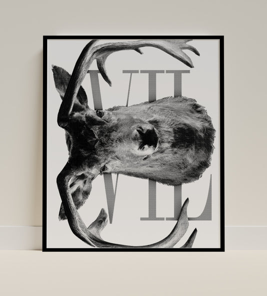 Monochrome Deer Illustration with Antlers Wall Art