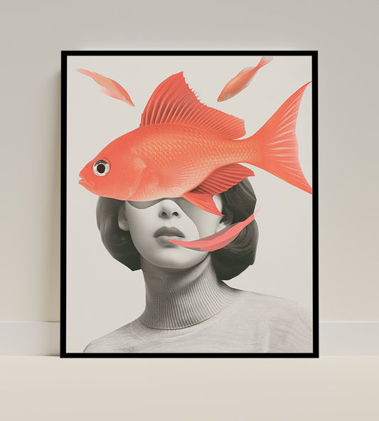Surreal Red Fish and Woman Artistic Poster Print