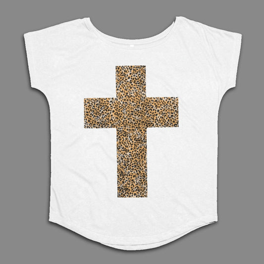 Leopard Print Cross Design on White T-Shirt