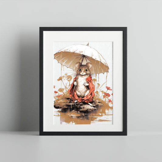 Adorable Mouse Holding Umbrella Artistic Print Artwork