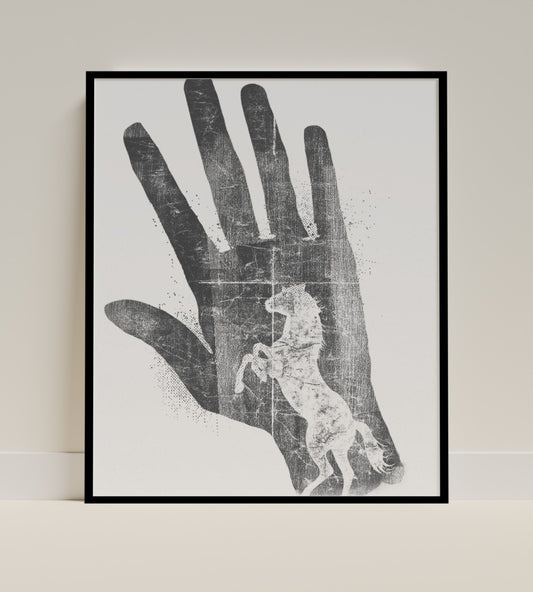 Hand and Horse Design Black and White Art Print Poster