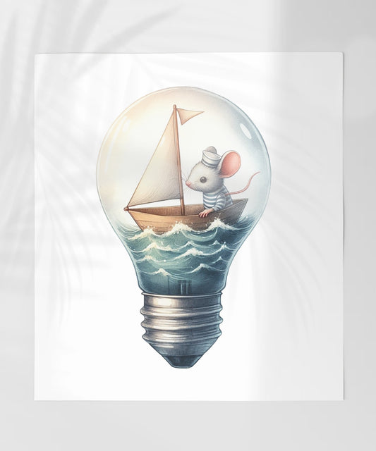 Mouse in Lightbulb Sailing Boat Artwork Print