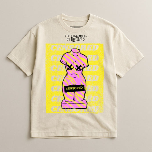 Unique Graphic Print Censored Art Style T Shirt