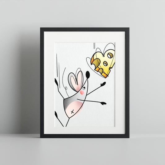 Playful Mouse Chasing Cheese Framed Art Print