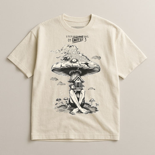 Surreal Mushroom House Cartoon Graphic T-Shirt
