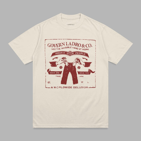 T-shirt with "Govern Ladro & Co." logo and "Profit Over People" slogan.
