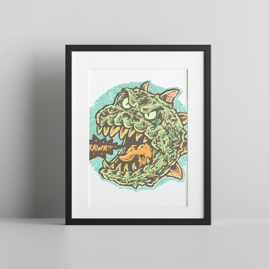 Vintage Monster Art Print with Comic Style Illustration
