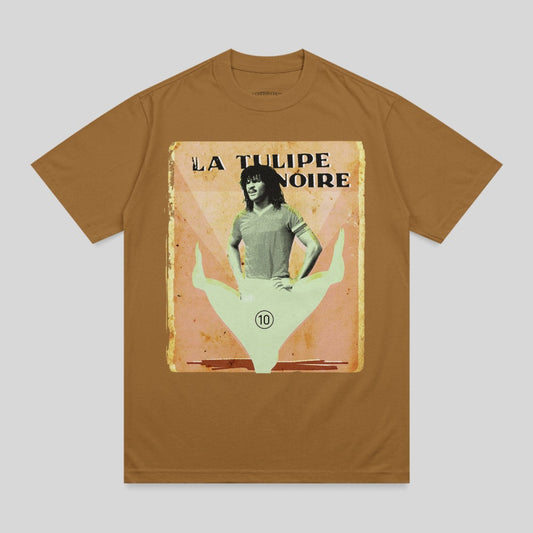 Brown t-shirt with "LA TULIPE NOIRE" text and a graphic of a person with number 10.
