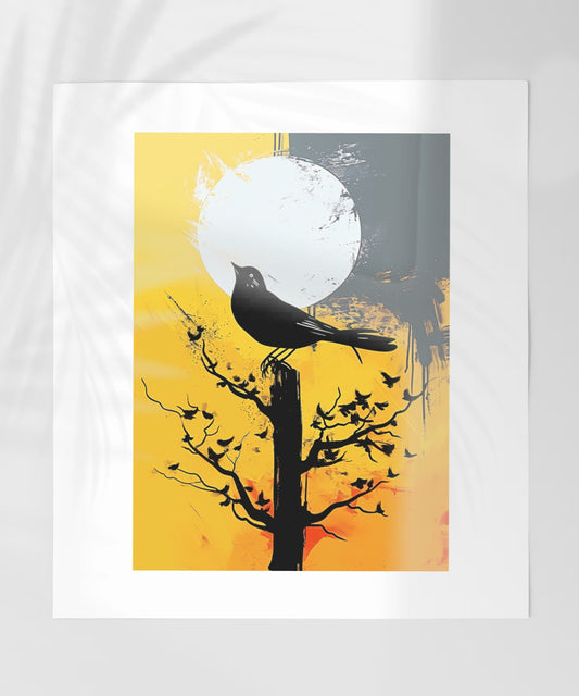 Black Bird on Tree with Full Moon Art Print