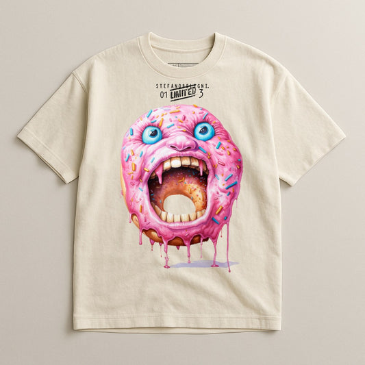 Cream t-shirt featuring a screaming pink donut with blue eyes and dripping icing.