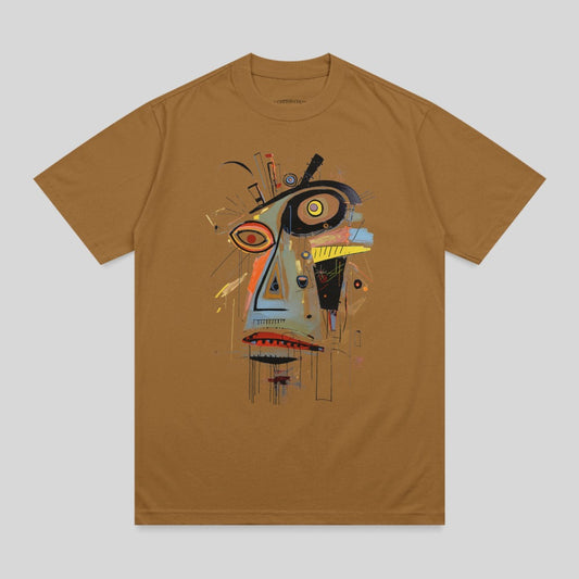 Cubist Abstract Face Colorful Design Brown Shirt product type