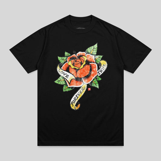 Black t-shirt with a traditional tattoo-style rose and banner reading "LOVE TRUE FOREVER".