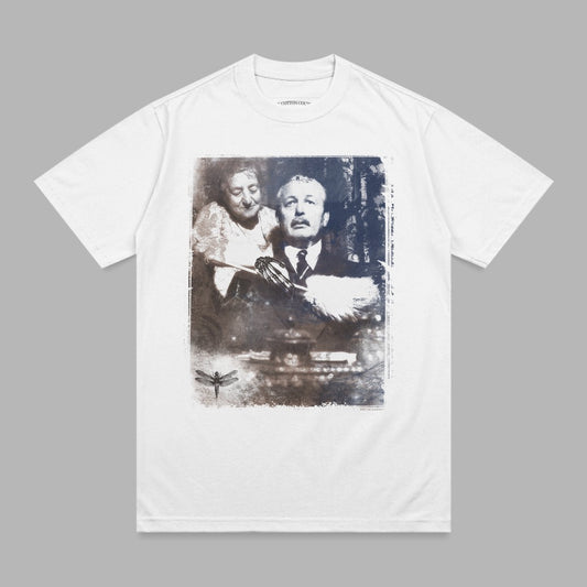 White t-shirt with vintage sepia portrait of a couple and a dragonfly.