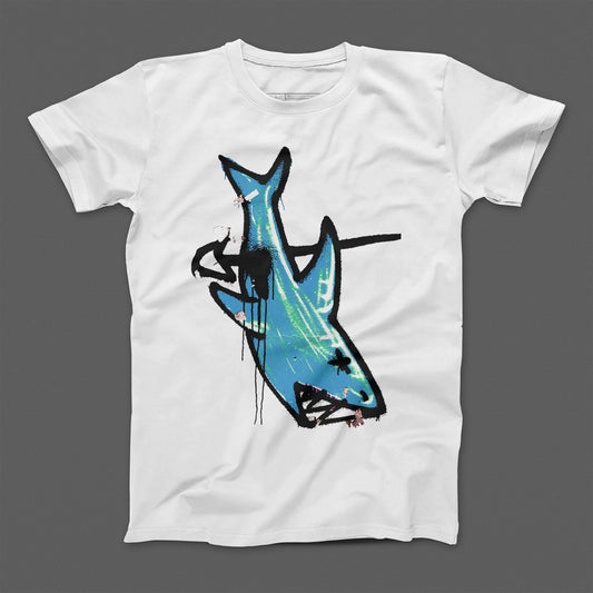 Blue Shark Graphic on White T-Shirt Casual Apparel
