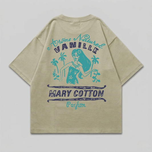 T-shirt with a woman and palm trees; text reads "Arôme Naturel Vanille Mary Cotton Parfum."