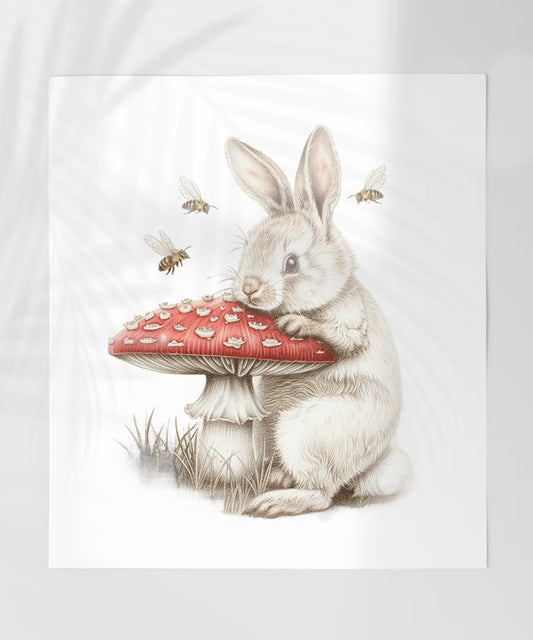 Bunny and Mushroom Illustration with Bees art print