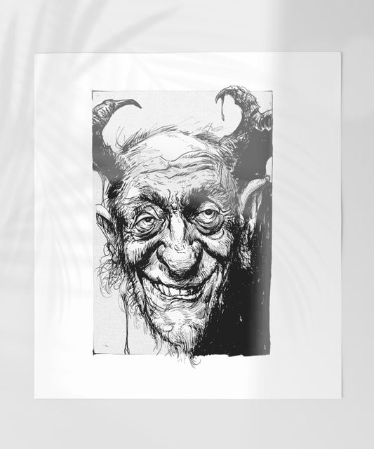 Detailed Illustration of a Horned and Bearded Face Print