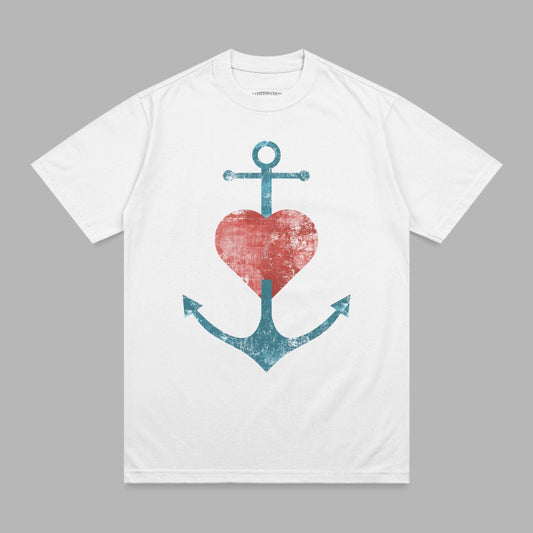 White t-shirt with a distressed red heart over a blue anchor graphic.