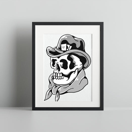 Skull with Cowboy Hat Black and White Artwork Print