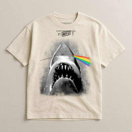 Retro Shark Graphic Shirt with Rainbow Beam Design