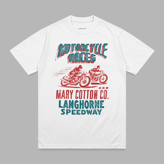 T-shirt featuring two motorcyclists racing with "MOTORCYCLE RACES MARY COTTON CO. LANGHORNE SPEEDWAY" text.