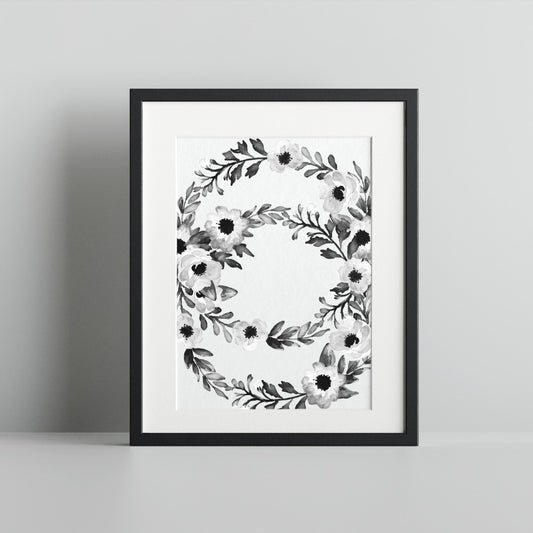 Monochrome Floral Wreath Black and White Art Print
