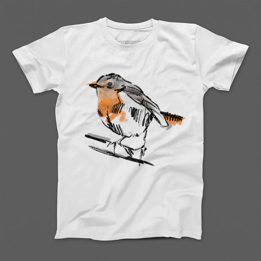 Artistic Detailed Robin Bird Illustration Tee Shirt