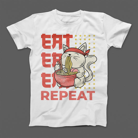 Eat Eat Eat Repeat Noodle Cat Graphic T-shirt