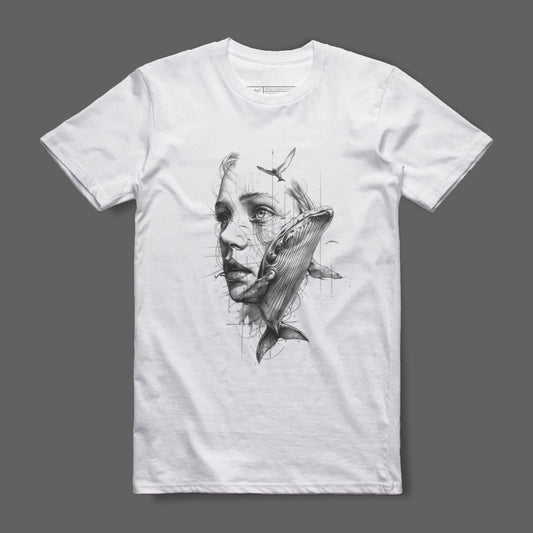 Artistic Face and Whale Design Printed T-Shirt