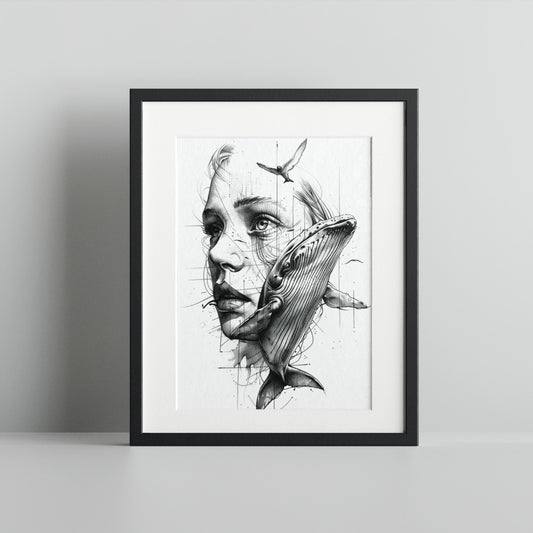 Surreal Female Portrait with Whale Frame Art Print