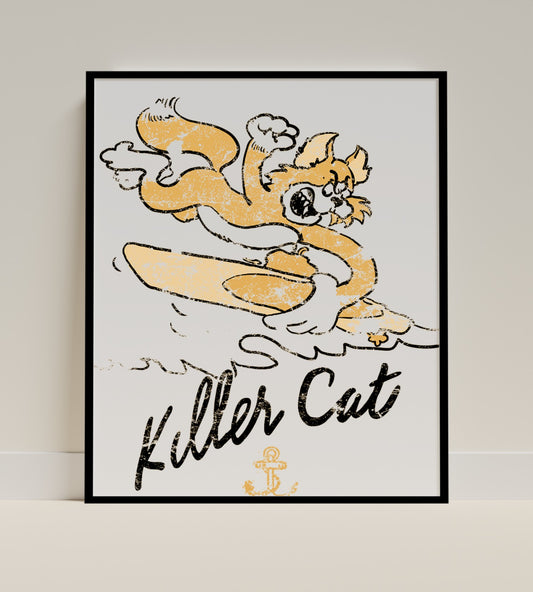Killer Cat Vintage Style Surfing Wall Art Print