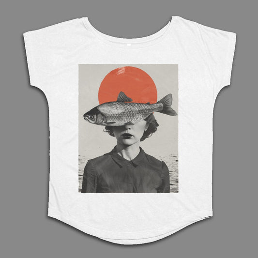 Surreal Graphic Tee with Fish and Retro Woman Image