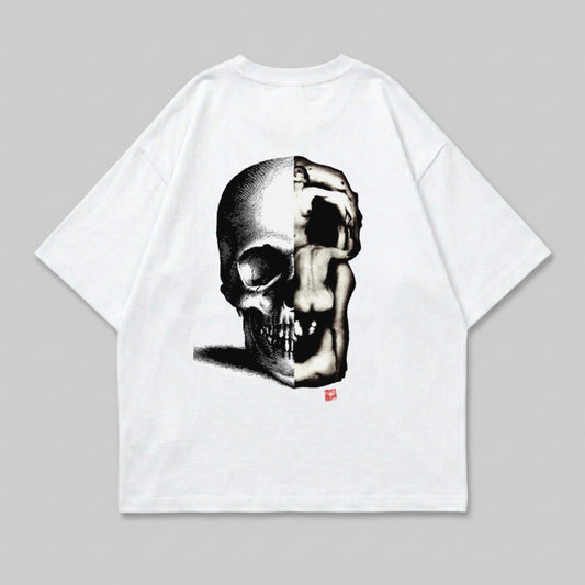 White t-shirt with a black and white graphic of a skull merging with a human figure.