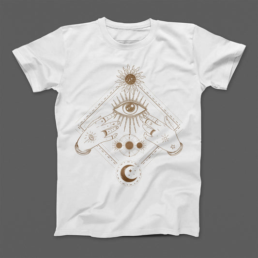 Mystical Eye and Hands Design White T-Shirt