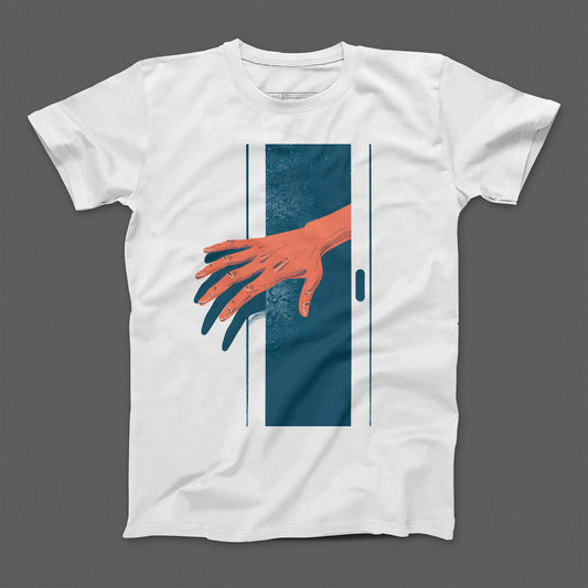 Artistic Red Hand Reaching Through Door Graphic T-Shirt