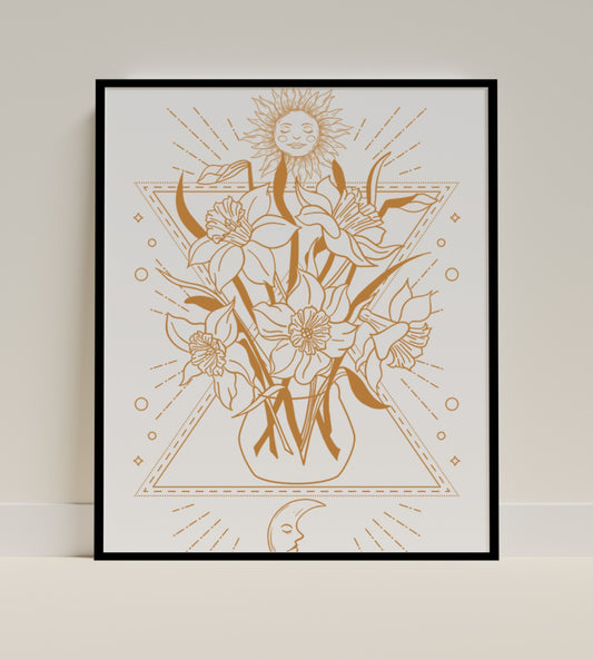Sun and Flowers Illustration Framed Wall Art Poster