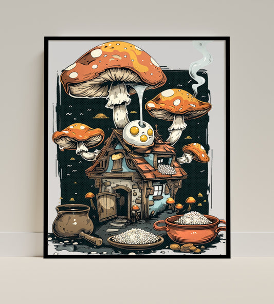 Whimsical Mushroom House Illustration Artwork Product