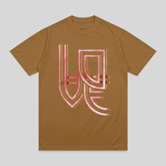 Brown t-shirt with abstract red and white graphic design.