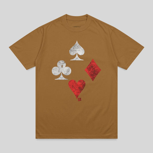 Brown t-shirt with distressed playing card suits: spades, clubs, heart, and diamonds.