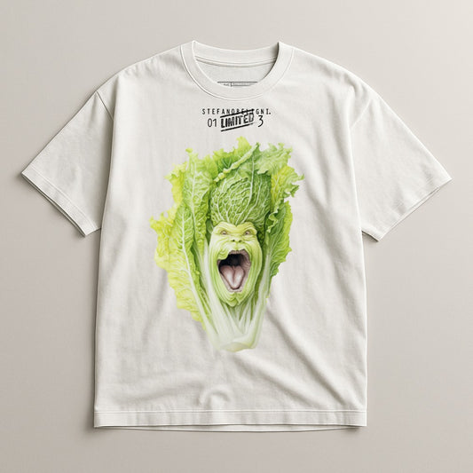 White t-shirt with graphic of a screaming napa cabbage face.