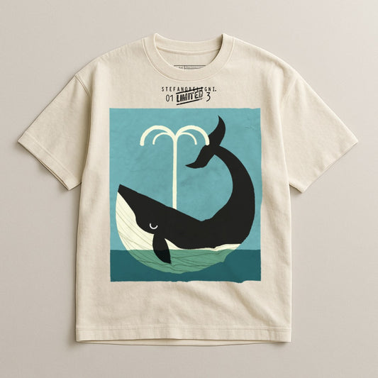 Whale Fountain Print White Short Sleeve T-Shirt